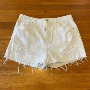 Topshop High Waist Mom Fit White Distressed Denim Shorts, Size 12